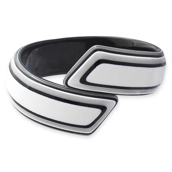 Vintage Lea Stein Bypass Bangle Bracelet Black, White, Gray Striped Plastic - Picture 1 of 3